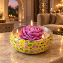 Printed Urli Floral Scented Candle, 150ml Natural Soy Wax, Velvet Rose Fragrance, 20 Hours Burn Time, Premium Metal Decorative Candle for Diwali, Home Décor, Festive Gifting (4 × 4 Inches)