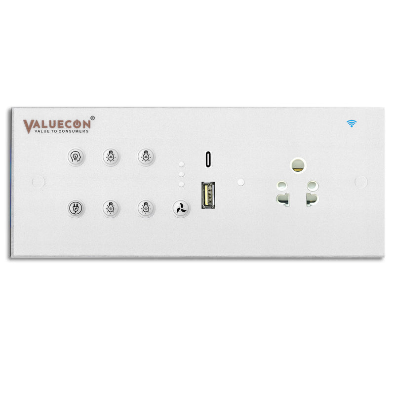 VALUECON i380 Smart Wifi Switchboard with 4 Load, Fan, Universal Socket, USB-C, USB-A | IoT-enabled, Voice-controlled by Alexa, Google Home, Google Assistant | Home Automation Solutions