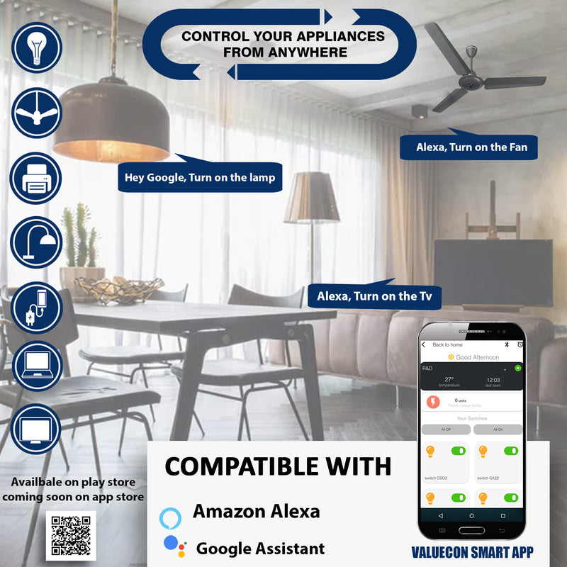 VALUECON i380 Smart Wifi Switchboard with 4 Load, Fan, Universal Socket, USB-C, USB-A | IoT-enabled, Voice-controlled by Alexa, Google Home, Google Assistant | Home Automation Solutions