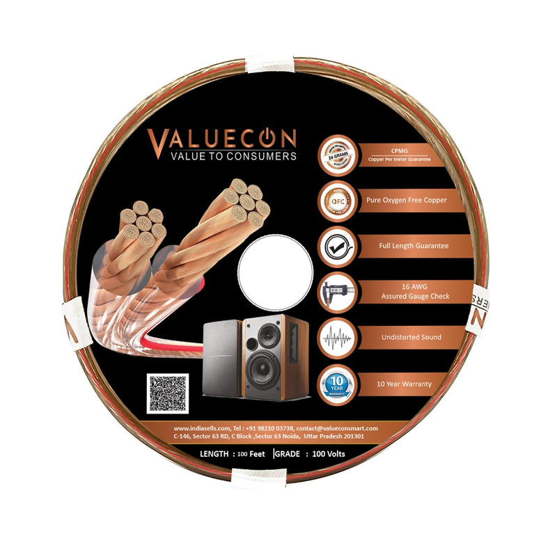 16 AWG OFC Speaker Cable | Pure Oxygen Free Copper - NO CCA | Premium Speaker Wires for Home Theater System | 50 Feet, 100 Feet | VALUECON®