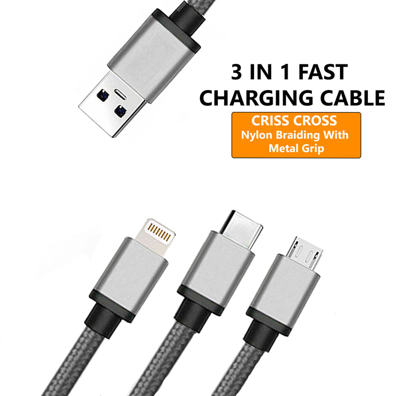 Valuecon 3 in 1 Cable Ultra Fast Sync Data & Charging Cable -1.2 Meter with 6 Months Warranty Valuecon®️