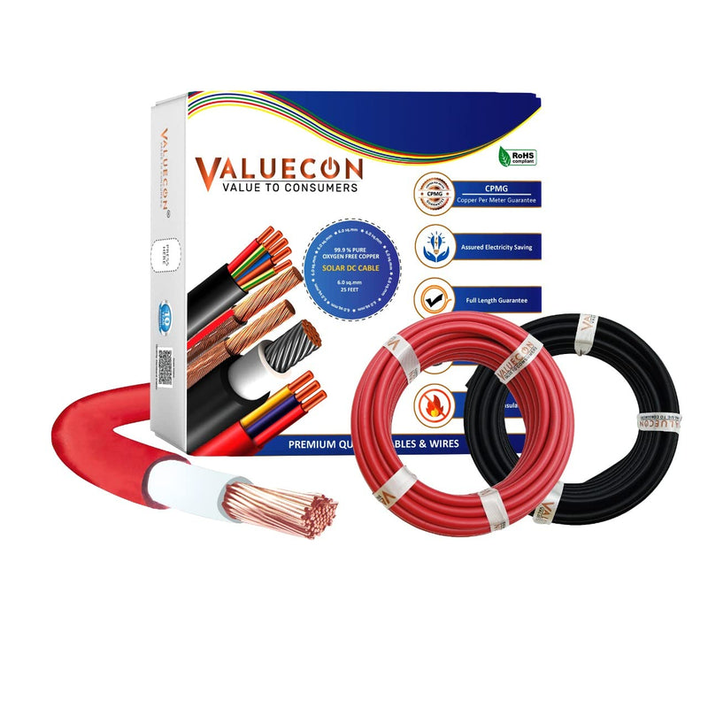 Valuecon®️ 6.0 Sq.mm Solar DC Cable (25Feet + 25 Feet) 99.9% Pure Oxygen Free Copper Conductor