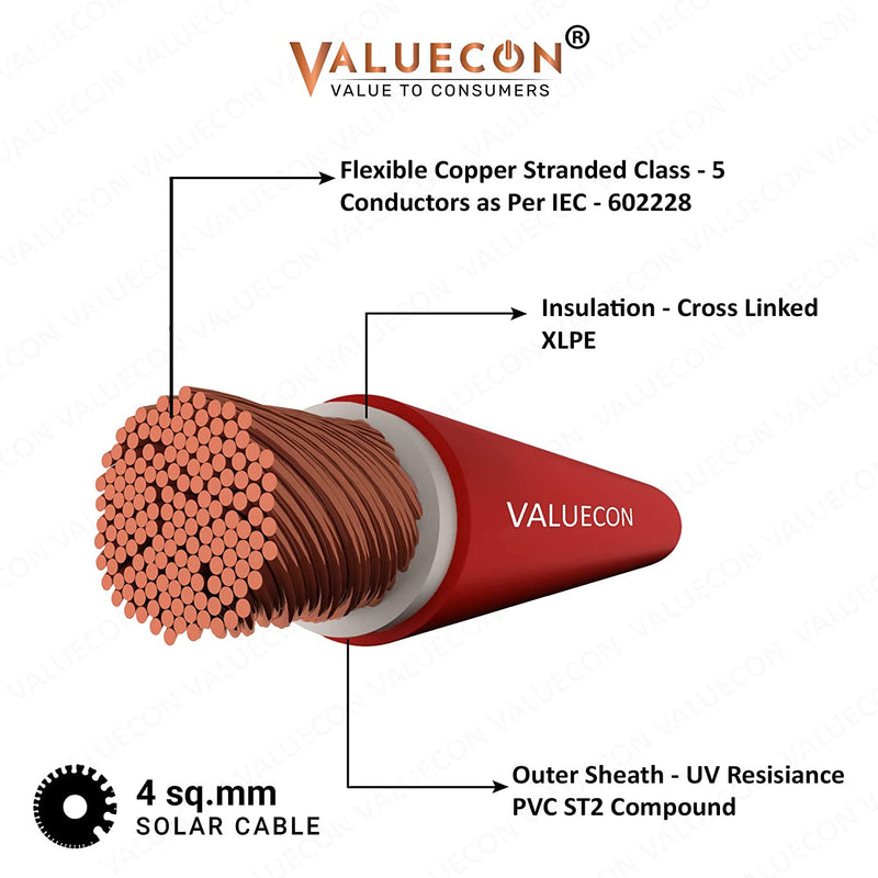 Valuecon®️ 4.0 Sq.mm Solar DC Cable (25Feet + 25 Feet) 99.9% Pure Oxygen Free Copper Conductor