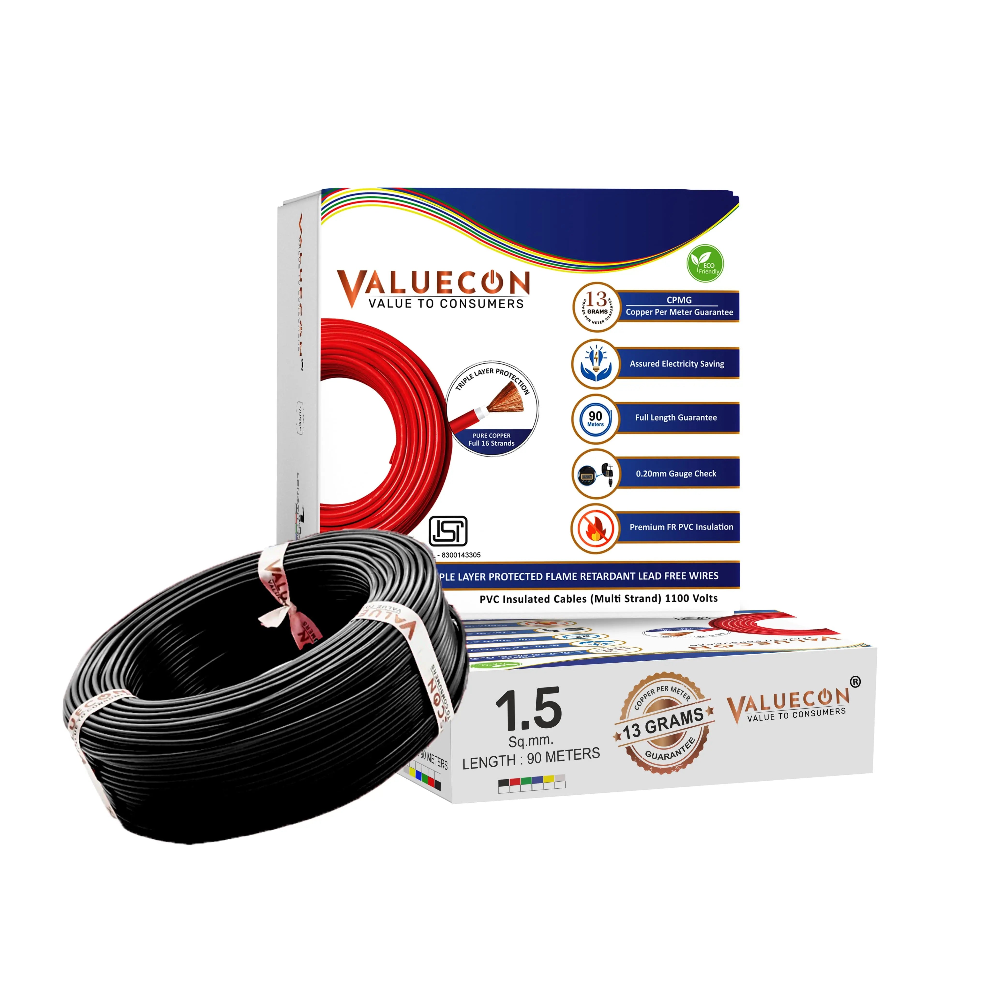 1.50 Sq.mm Single Core FR-LF PVC Insulated Flexible Copper Wire | Electric Connection House Wire | Valuecon | Polycab | Havells | Finolex