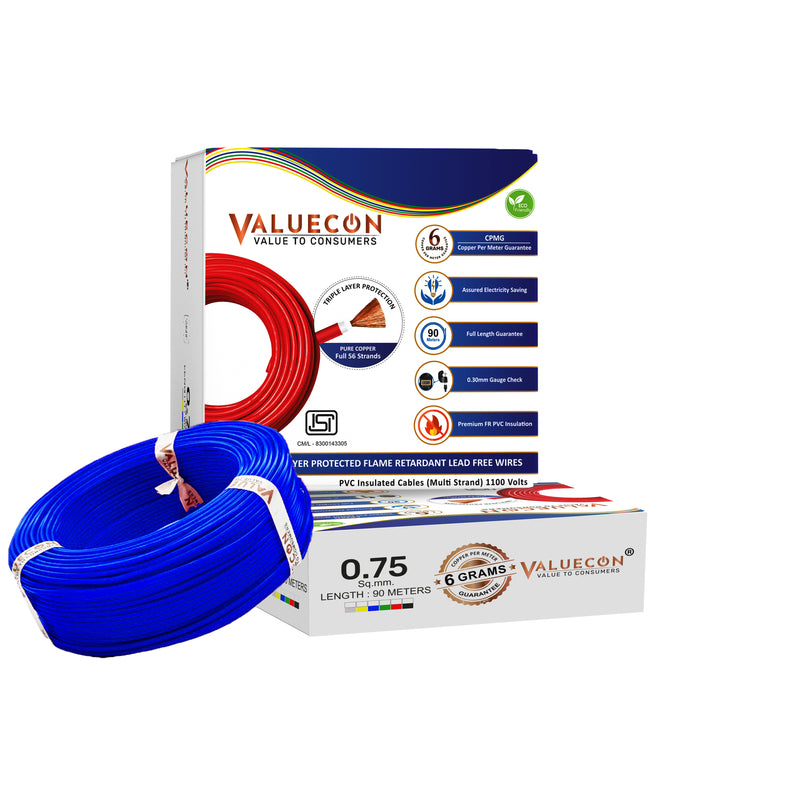 Valuecon FR-LF PVC Insulated 0.75 Sq.mm Single Core Flexible Copper Wire | IS 694:2010 Approved Cables | LEAD FREE | Home Electric Wire 90 Meters with 10 Years Warranty Valuecon ®️