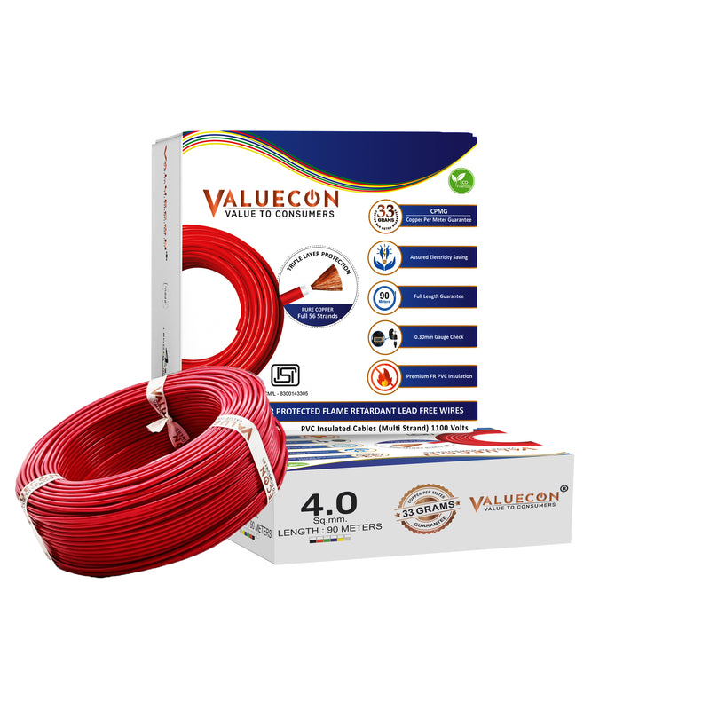Valuecon FR-LF PVC Insulated 4 Sq. mm Single Core Flexible Copper Wire | IS 694:2010 Approved Cables | LEAD FREE | Home Electric Wire 90 Meters with 10 Years Warranty| Valuecon®️