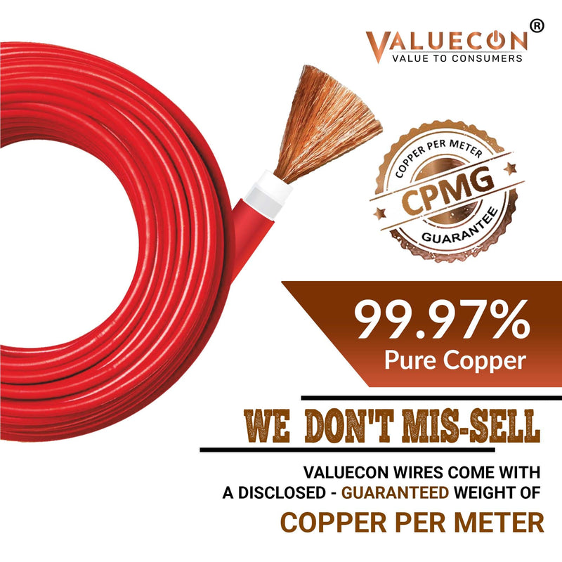 Valuecon FR-LF PVC Insulated 0.5 Sq.mm Single Core Flexible Copper Wire | IS 694:2010 Approved Cables | LEAD FREE | Home Electric Wire 90 Meters with 10 Years Warranty| Red colour (0.5 Sq.mm) Valuecon ®️