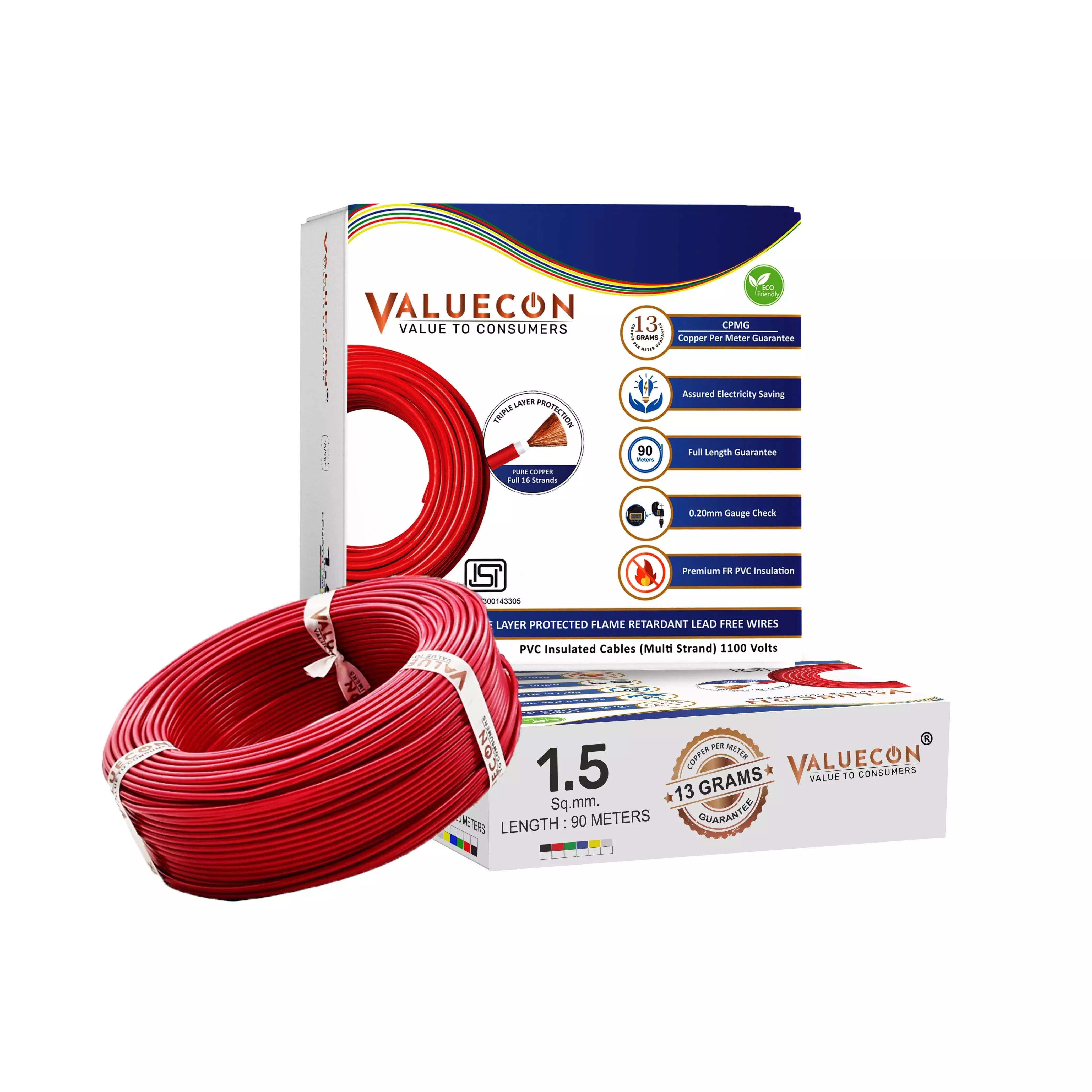 1.50 Sq.mm Single Core FR-LF PVC Insulated Flexible Copper Wire | Electric Connection House Wire | Valuecon | Polycab | Havells | Finolex