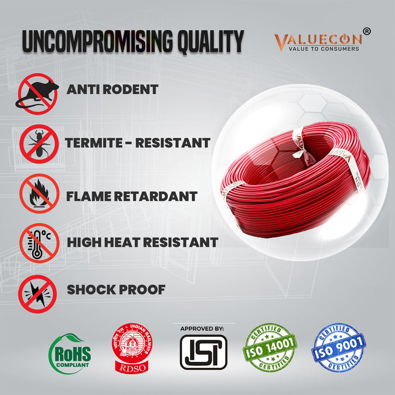 Valuecon FR-LF PVC Insulated 0.5 Sq.mm Single Core Flexible Copper Wire | IS 694:2010 Approved Cables | LEAD FREE | Home Electric Wire 90 Meters with 10 Years Warranty| Red colour (0.5 Sq.mm) Valuecon ®️